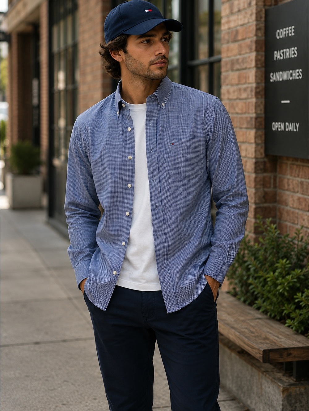 Tommy Hilfiger XL Slim Fit Blue Micro Check Button‎ Down Shirt 17.5 Father’s Day